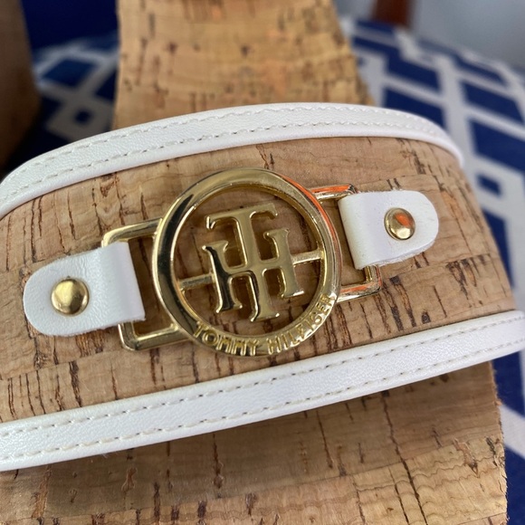 White cork Tommy Hilfiger ankle strap platforms cork wedges heeled sandals Sz 10 - Picture 6 of 13